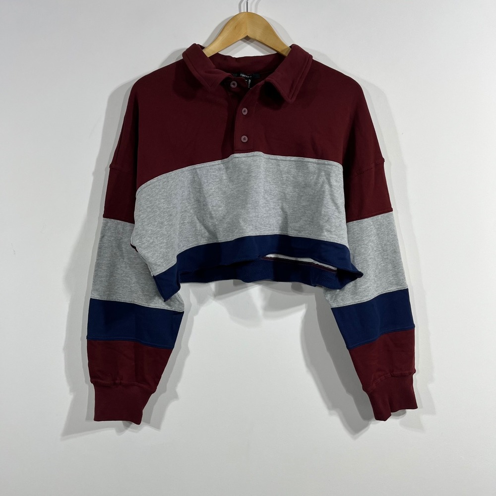 Forever 21 Blokecore Preppy Cropped Polo Sweatshirt Colorblock Burgundy Women XL
